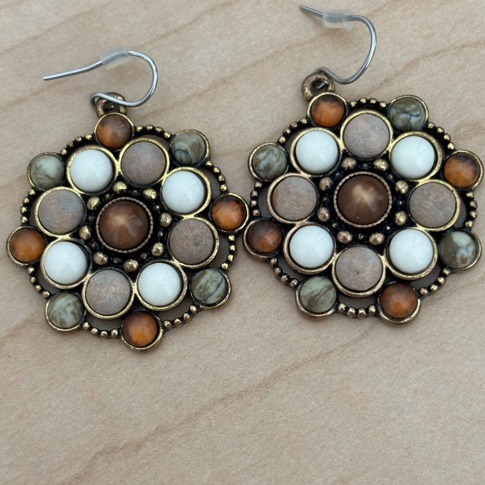Multicolor Bohemian style Earrings- Brown, Cream, & Orange Floral beads/ gold to